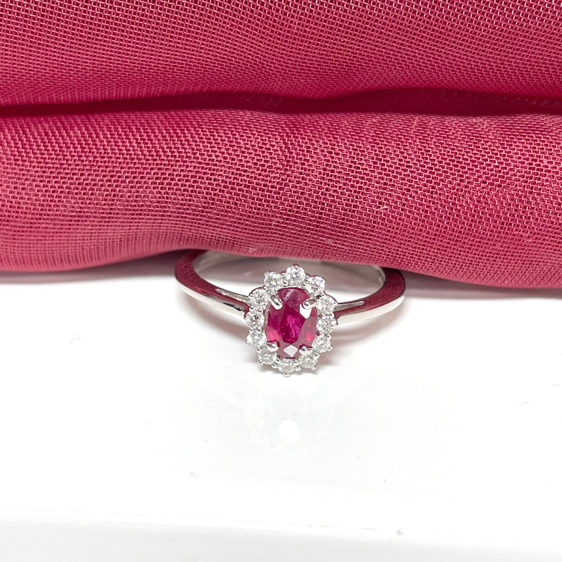 Oval Ruby Red and Diamond White Gold Cluster Ring