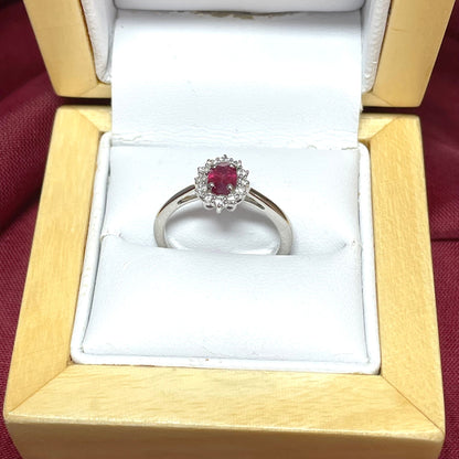 Oval Ruby Red and Diamond White Gold Cluster Ring