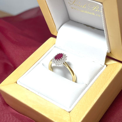 Oval Red Ruby And Diamond Yellow Gold Cluster Ring