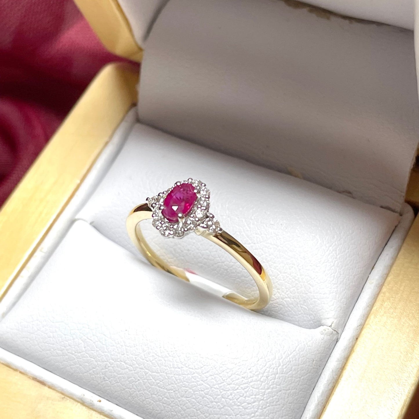 Oval Ruby Red and Diamond Yellow Gold Cluster Ring