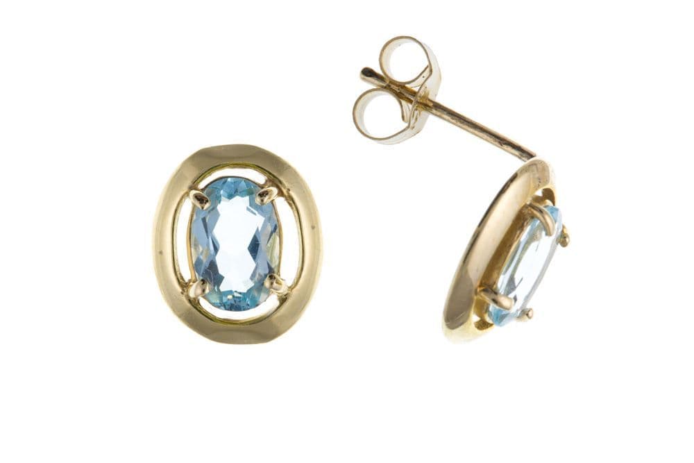 Oval Yellow Gold Blue Topaz Stud Earrings