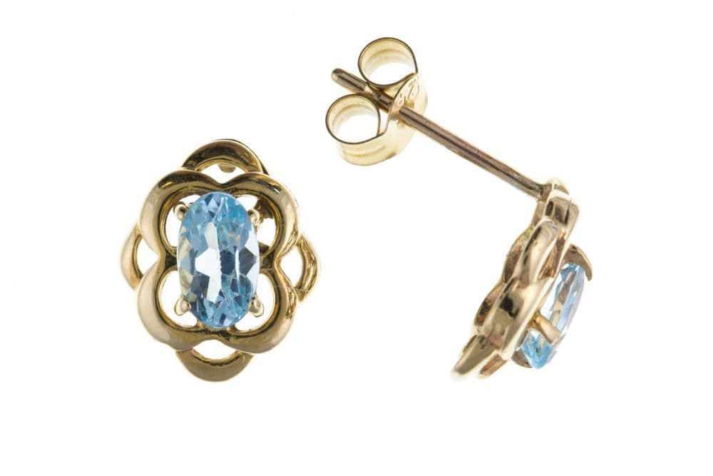 Oval Yellow Gold Blue Topaz Stud Earrings Celtic Pattern