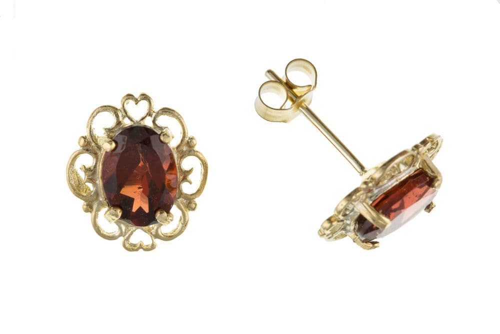 Oval yellow gold real garnet stud earrings fancy scroll setting