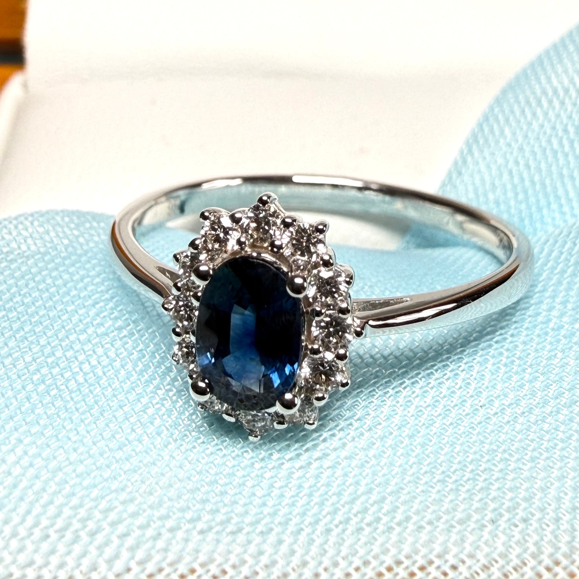 Oval Blue Real Sapphire and Diamond White Gold Cluster Ring