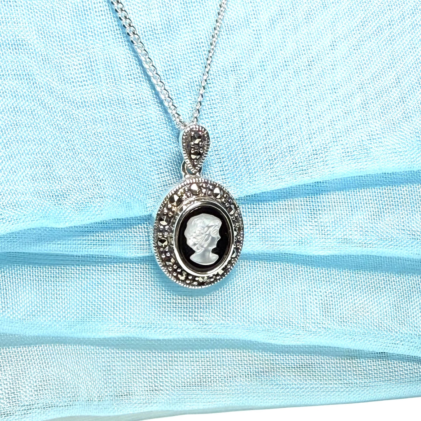 Oval Cameo necklace sterling silver black onyx and white Mother of Pearl