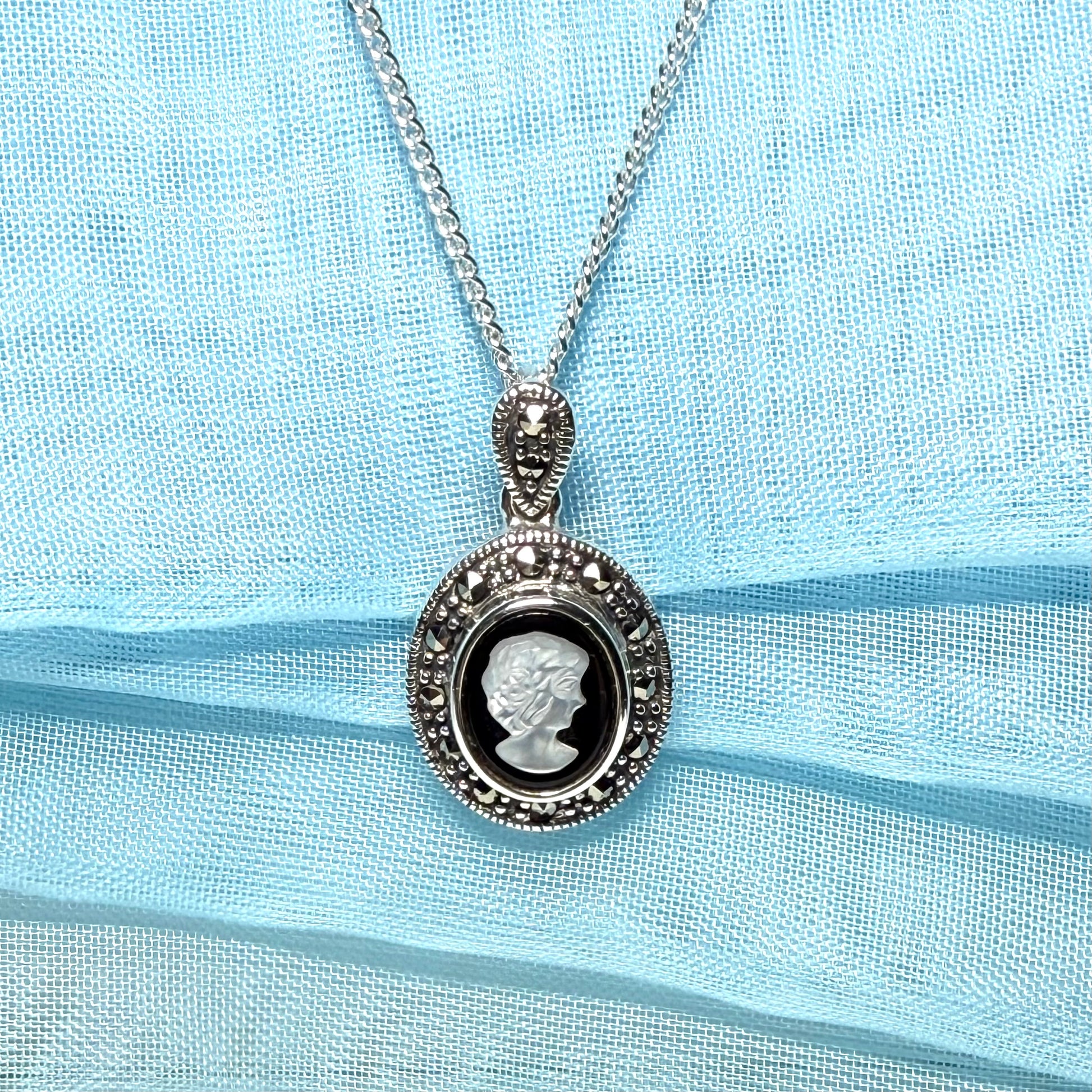 Oval Cameo necklace sterling silver black onyx and white Mother of Pearl