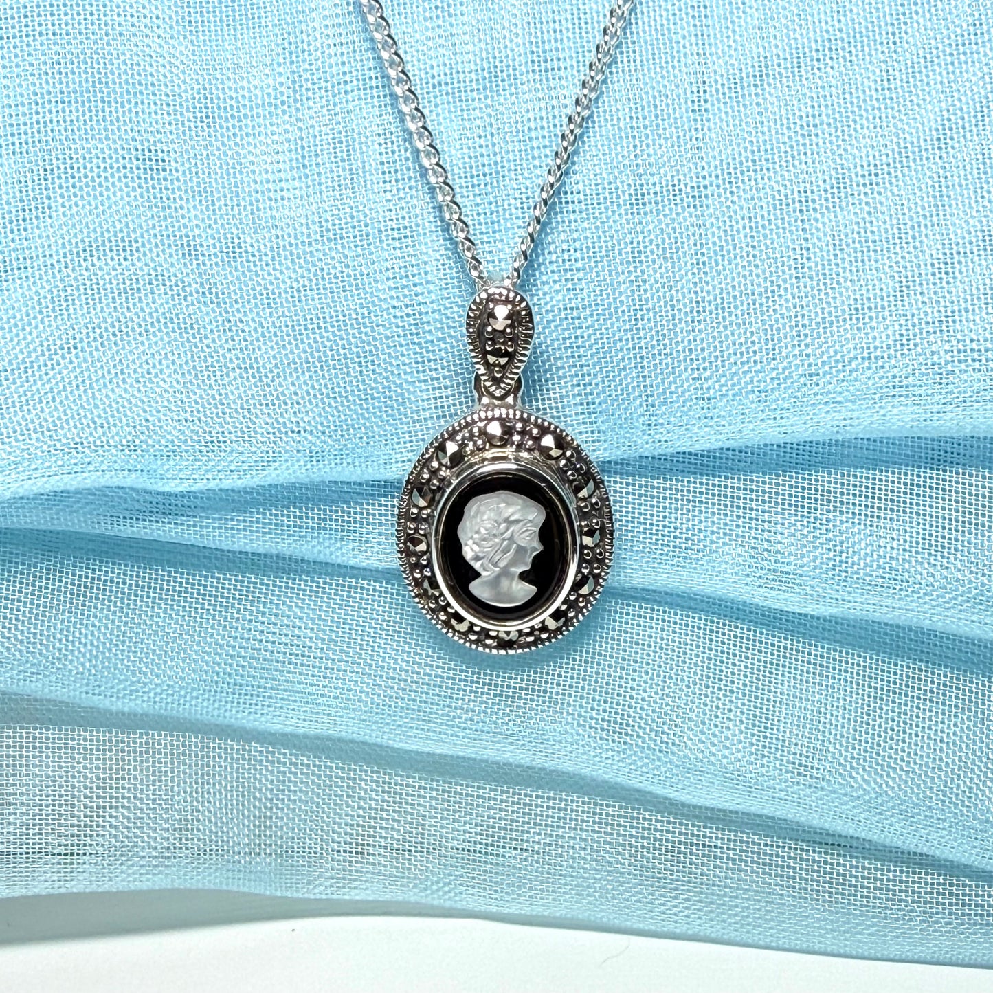 Oval Cameo necklace sterling silver black onyx and white Mother of Pearl