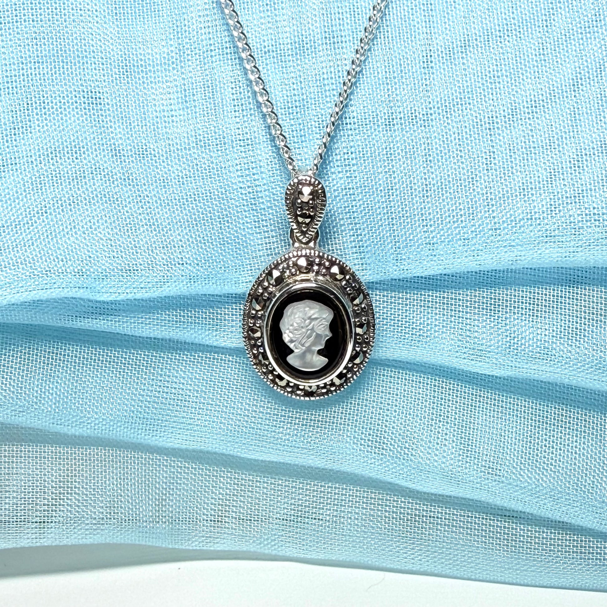 Oval Cameo necklace sterling silver black onyx and white Mother of Pearl