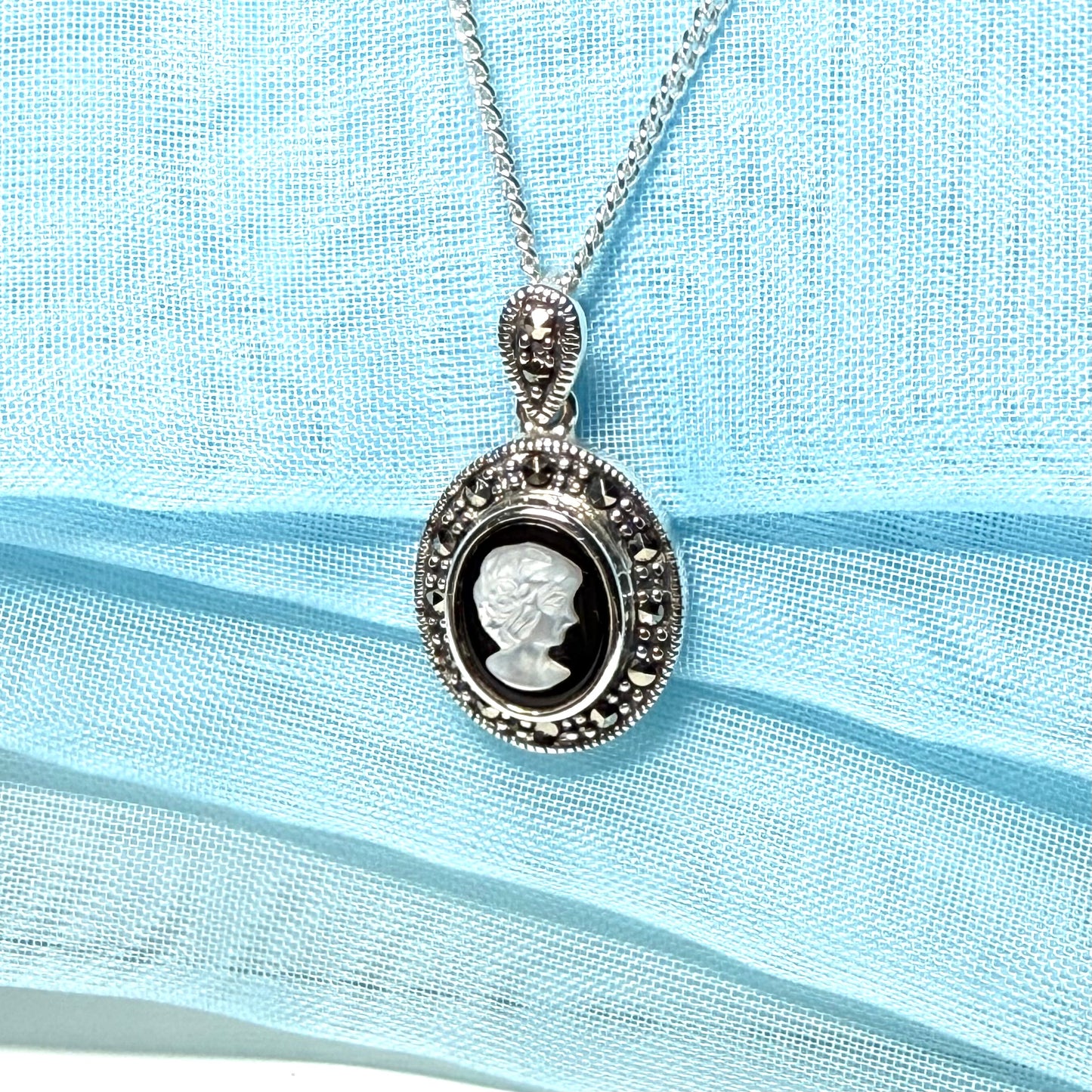 Oval Cameo necklace sterling silver black onyx and white Mother of Pearl