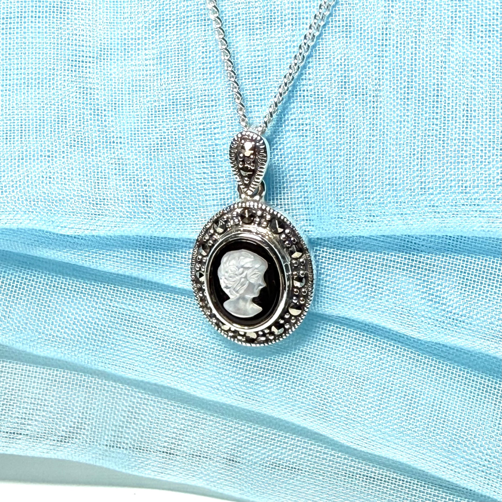 Oval Cameo necklace sterling silver black onyx and white Mother of Pearl