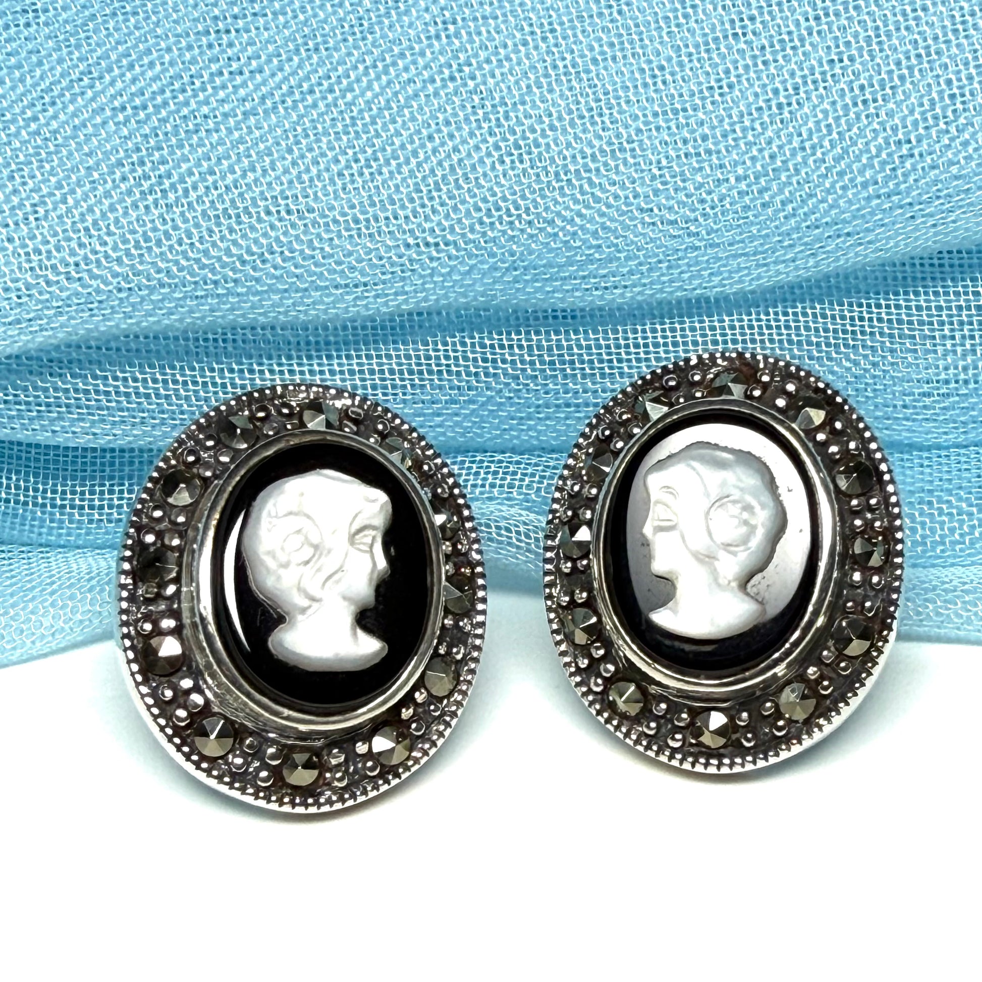 Oval Cameo stud earrings sterling silver black onyx and white Mother of Pearl