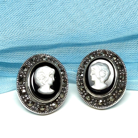 Oval Cameo stud earrings sterling silver black onyx and white Mother of Pearl