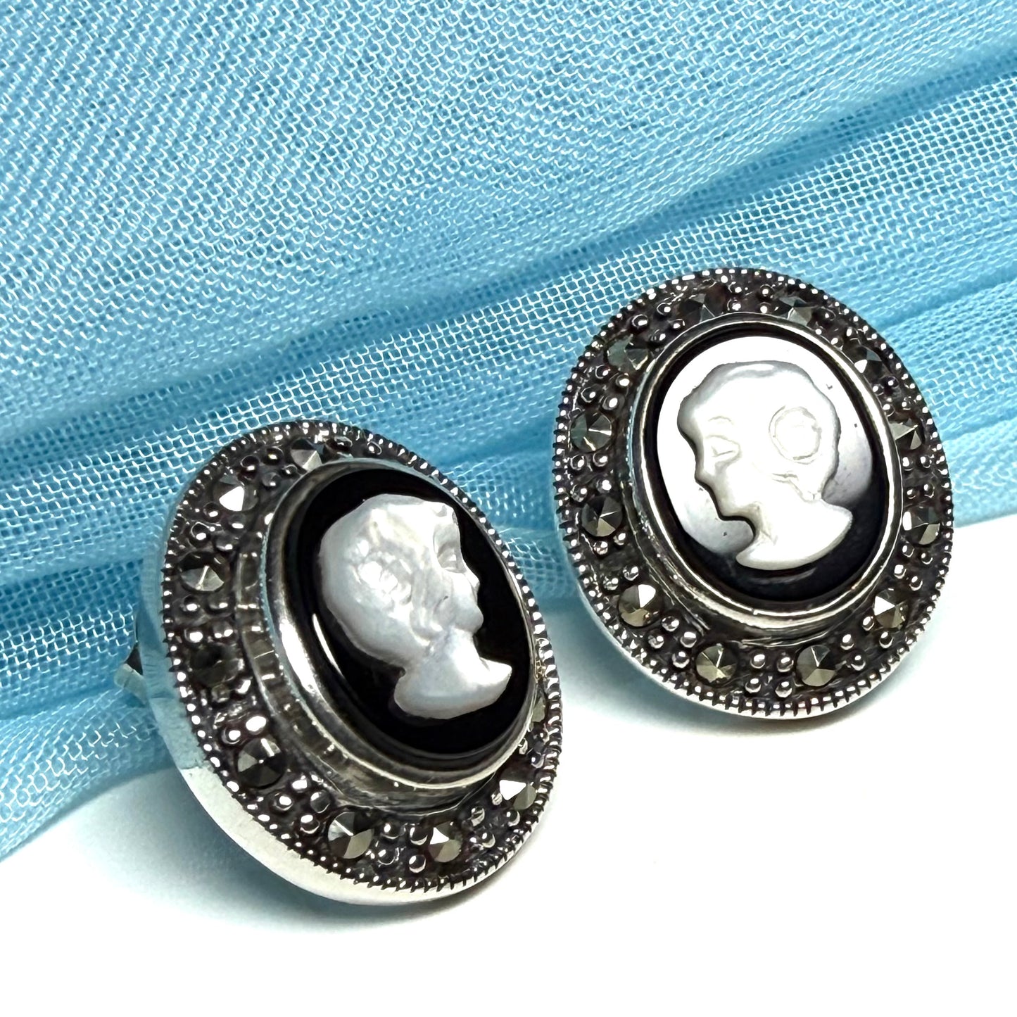Oval Cameo stud earrings sterling silver black onyx and white Mother of Pearl
