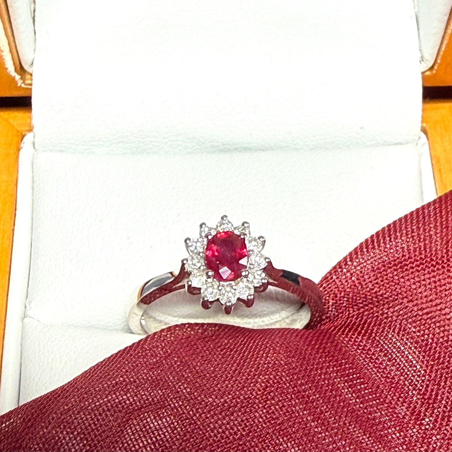 Oval Real Ruby Red and Diamond White Gold Cluster Ring