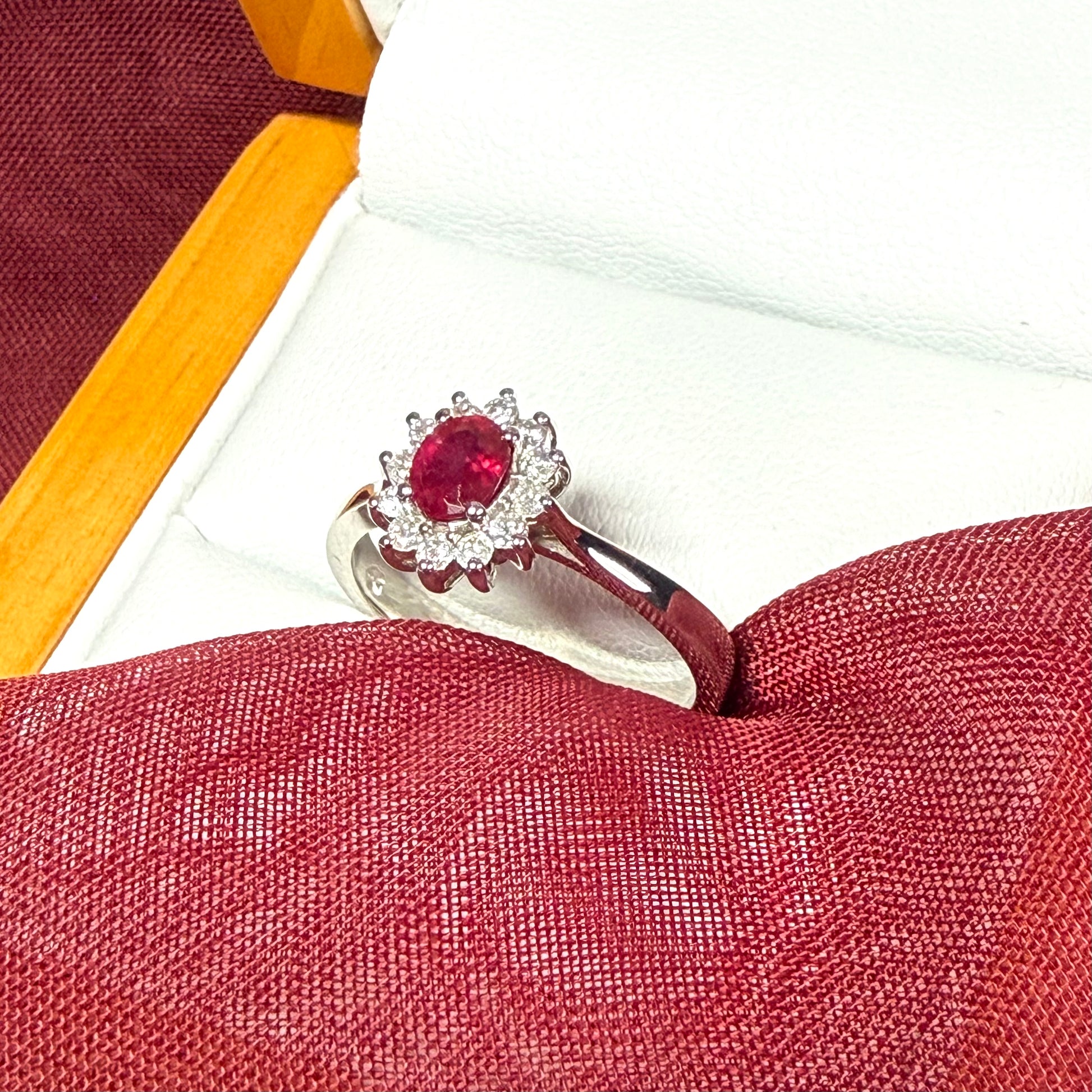 Oval Real Ruby Red and Diamond White Gold Cluster Ring