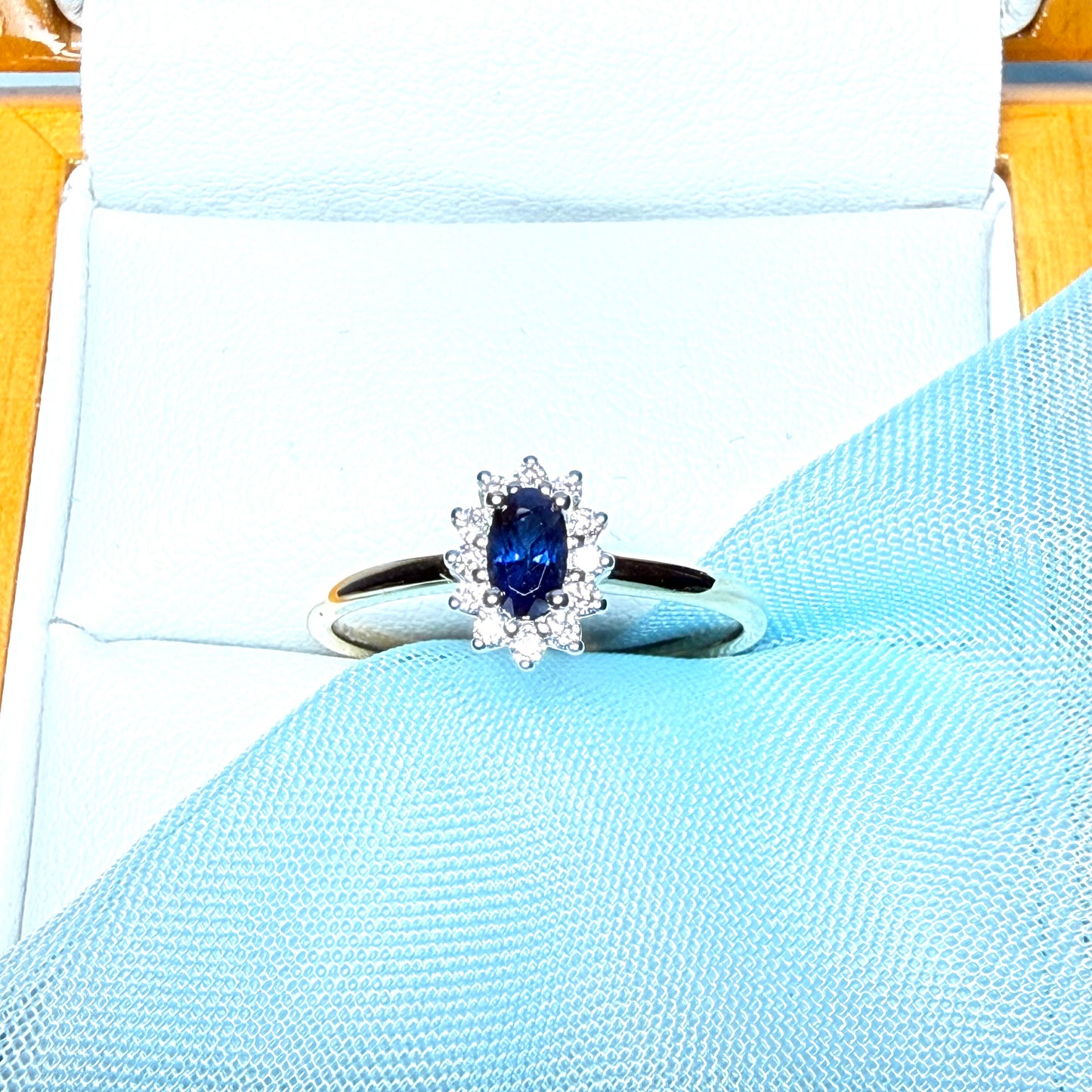 Oval Shaped Real Blue Sapphire and Diamond Yellow Gold Cluster Ring