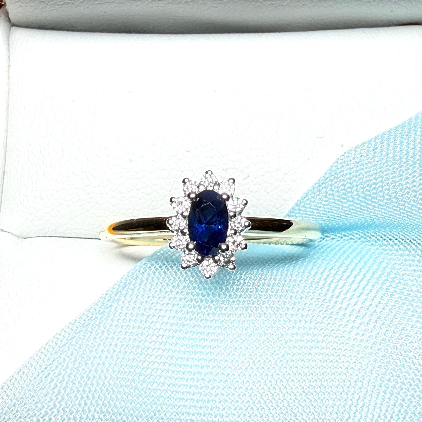 Oval Shaped Real Blue Sapphire and Diamond Yellow Gold Cluster Ring