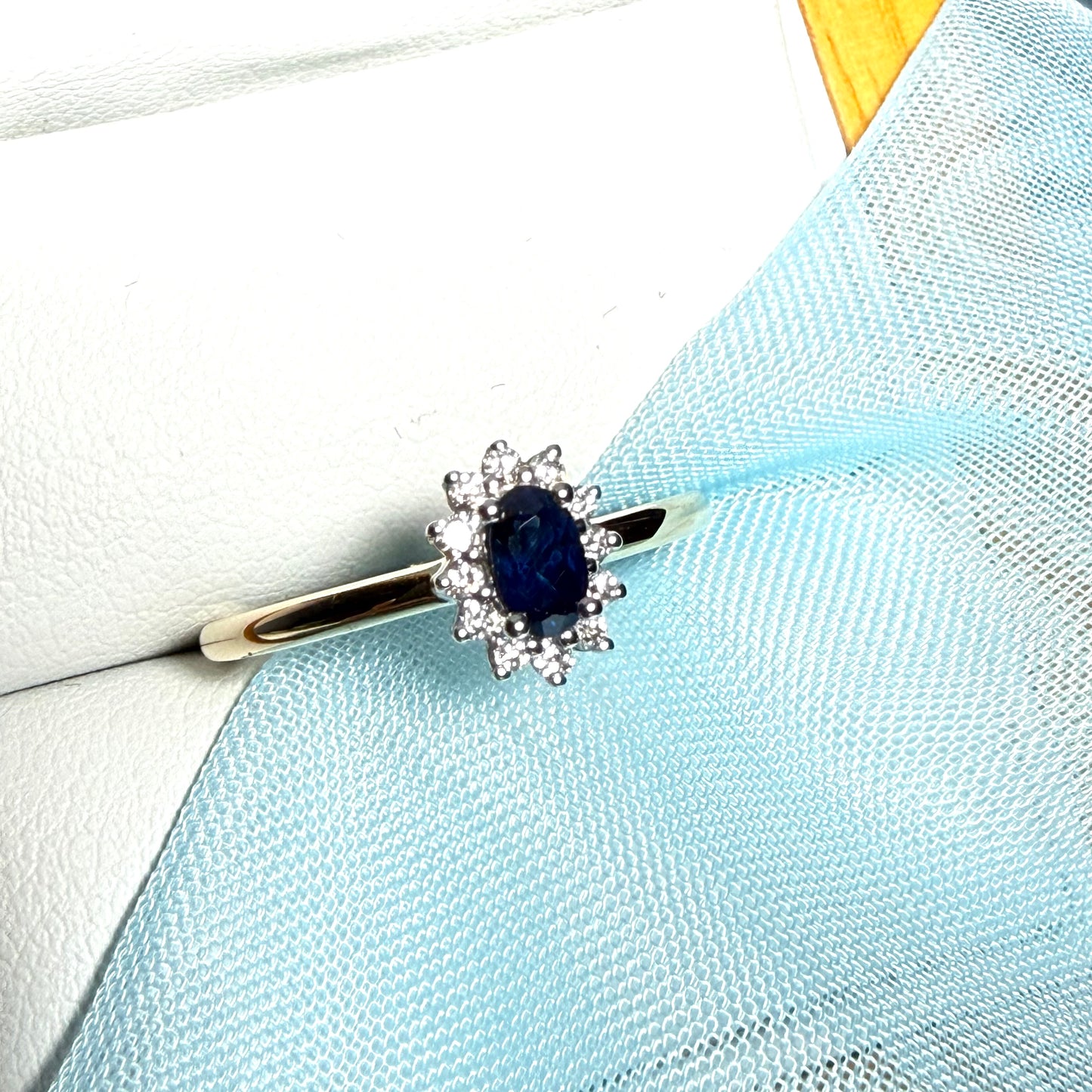 Oval Shaped Real Blue Sapphire and Diamond Yellow Gold Cluster Ring