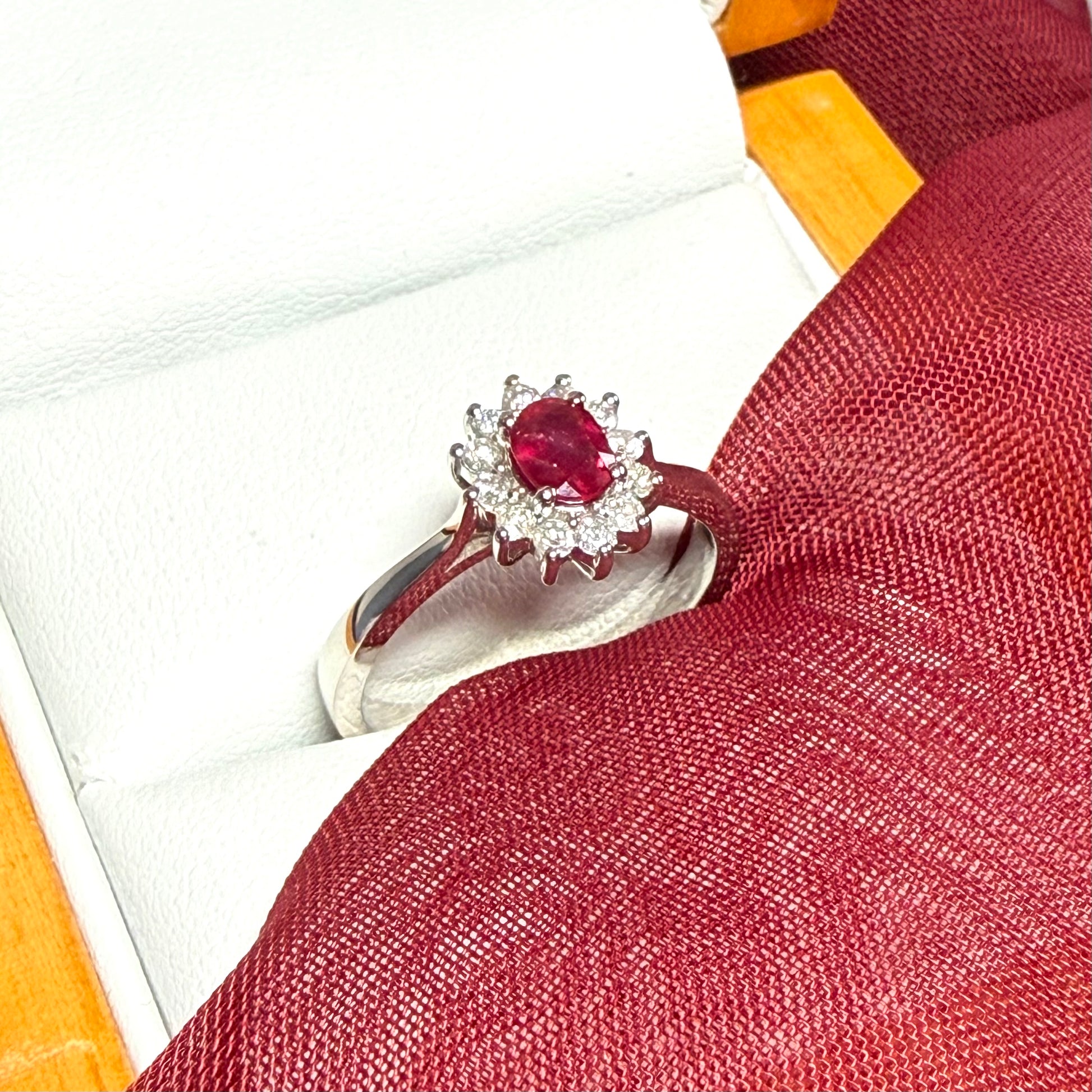Oval Real Ruby Red and Diamond White Gold Cluster Ring