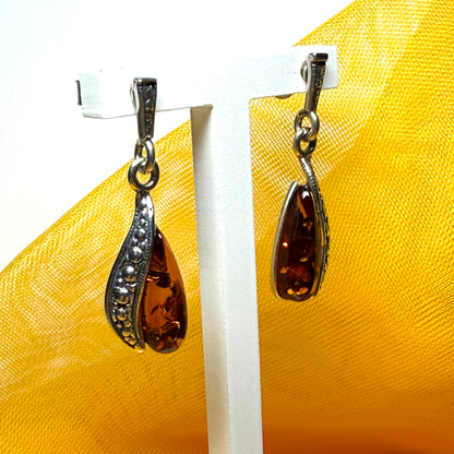 Oval real amber sterling silver fancy drop earrings