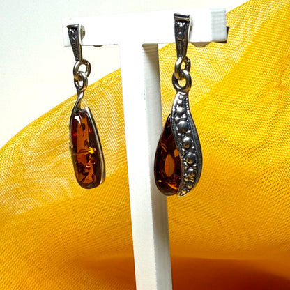 Oval real amber sterling silver fancy drop earrings