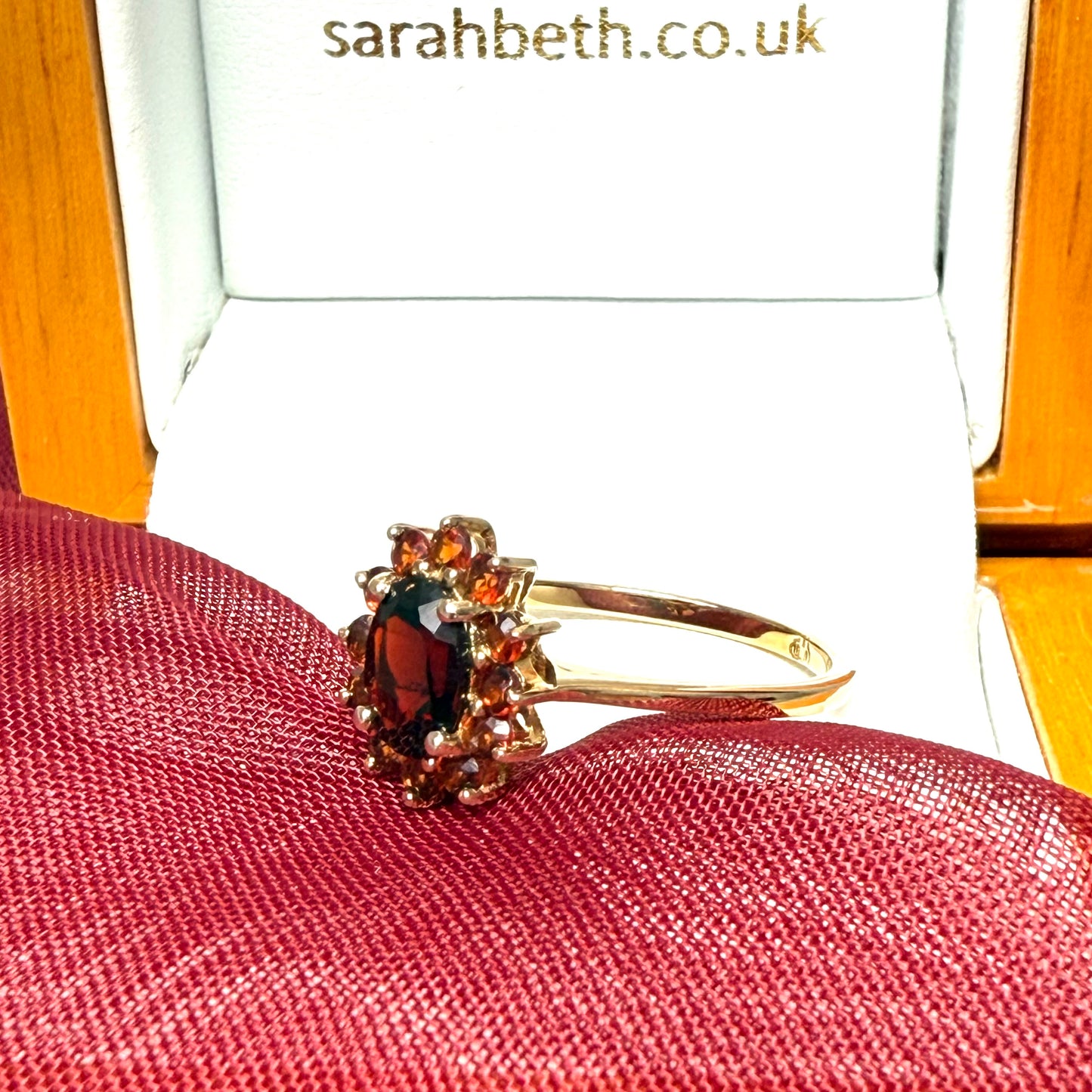 Oval real garnet cluster ring yellow gold