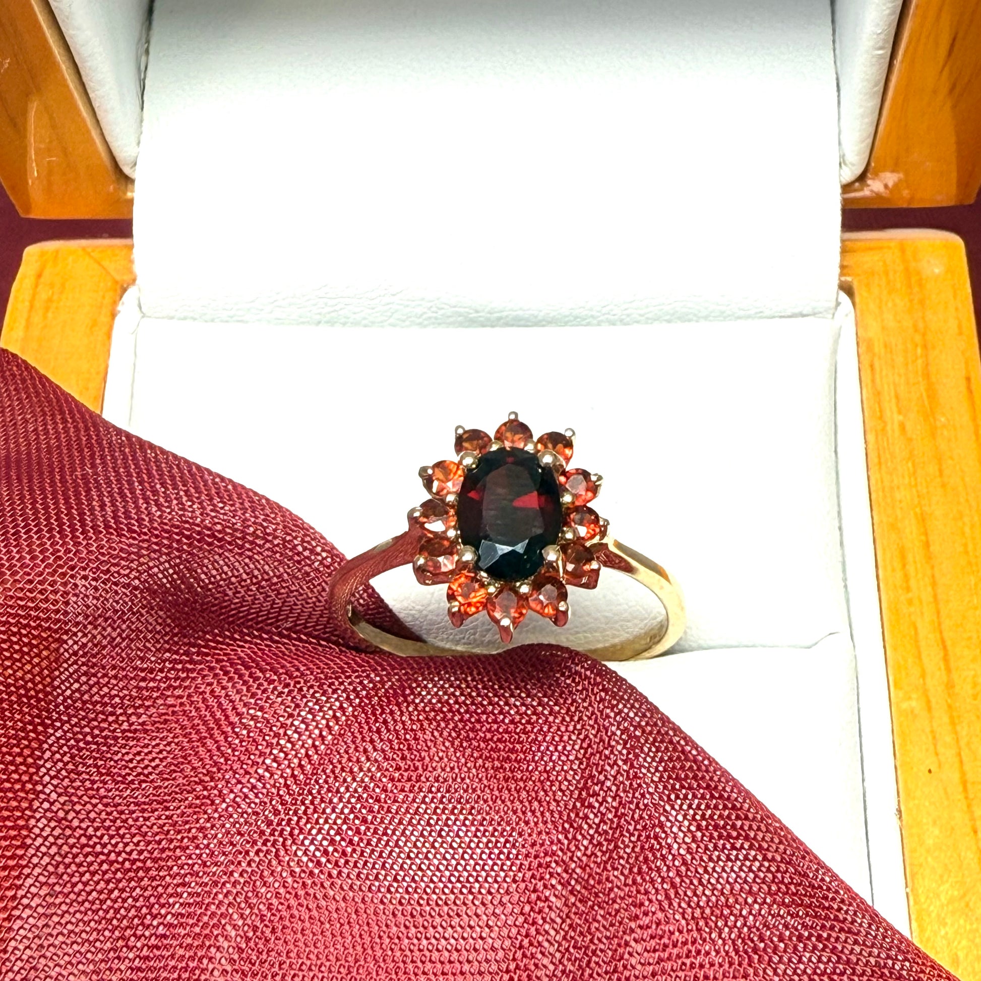 Oval real garnet cluster ring yellow gold