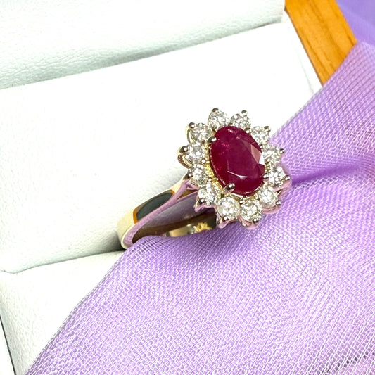 Oval red real ruby and diamond yellow gold cluster ring