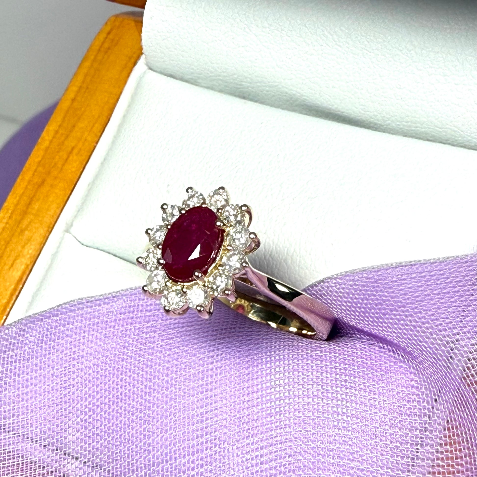 Oval red real ruby and diamond yellow gold cluster ring