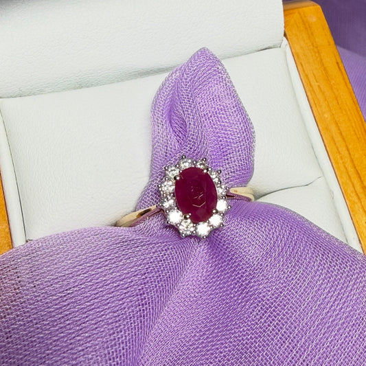 Oval red real ruby and real diamond yellow gold cluster ring