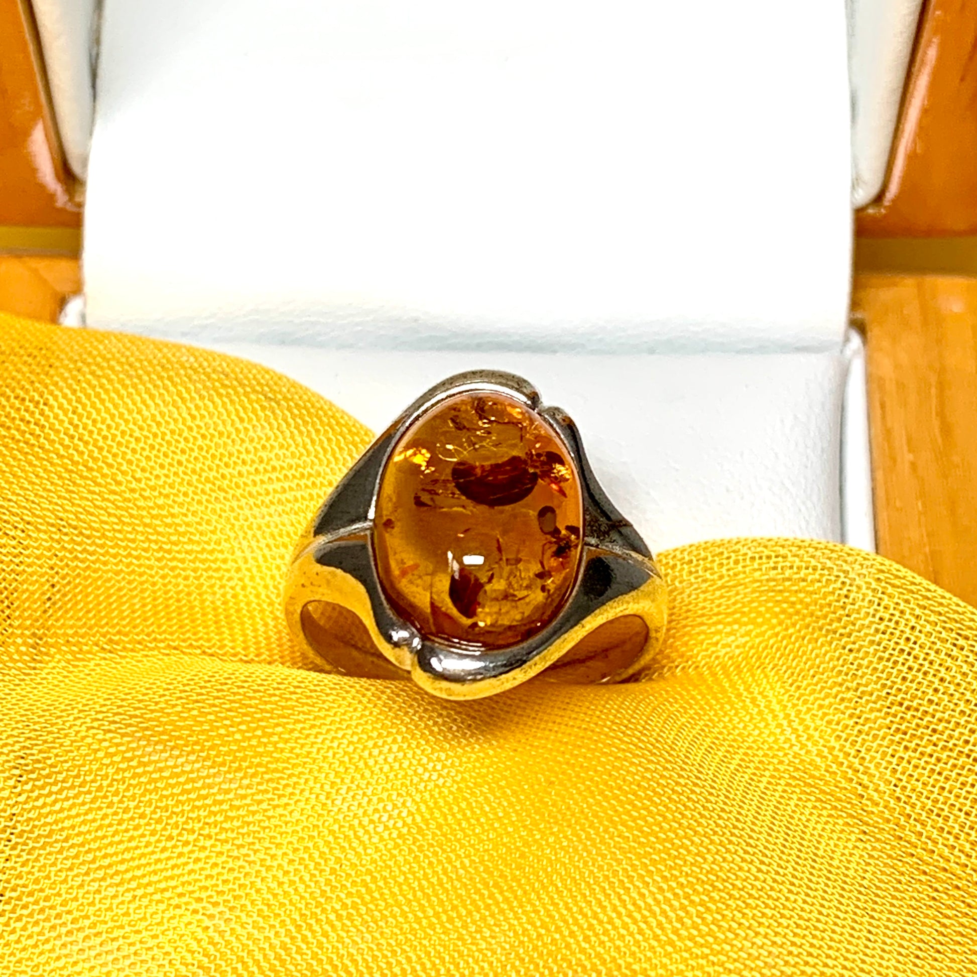 Oval shape sterling silver real amber ring fancy setting