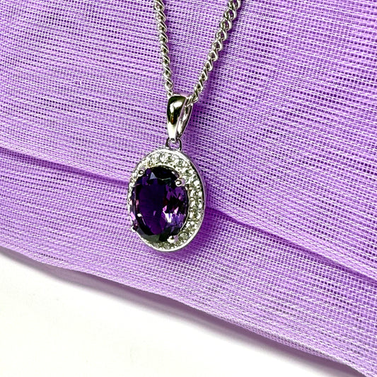 Oval shaped necklace purple real amethyst and cubic zirconia sterling silver cluster pendant