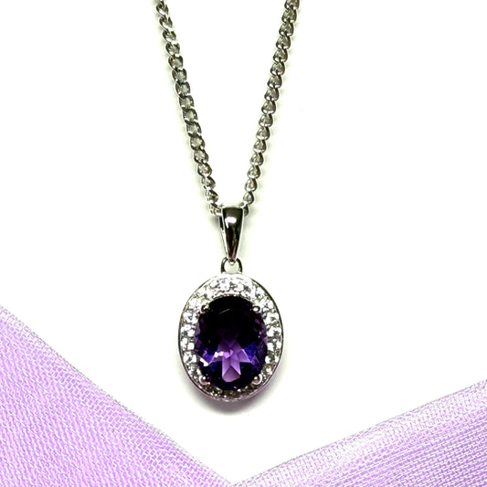 Oval shaped necklace purple real amethyst and cubic zirconia sterling silver cluster pendant