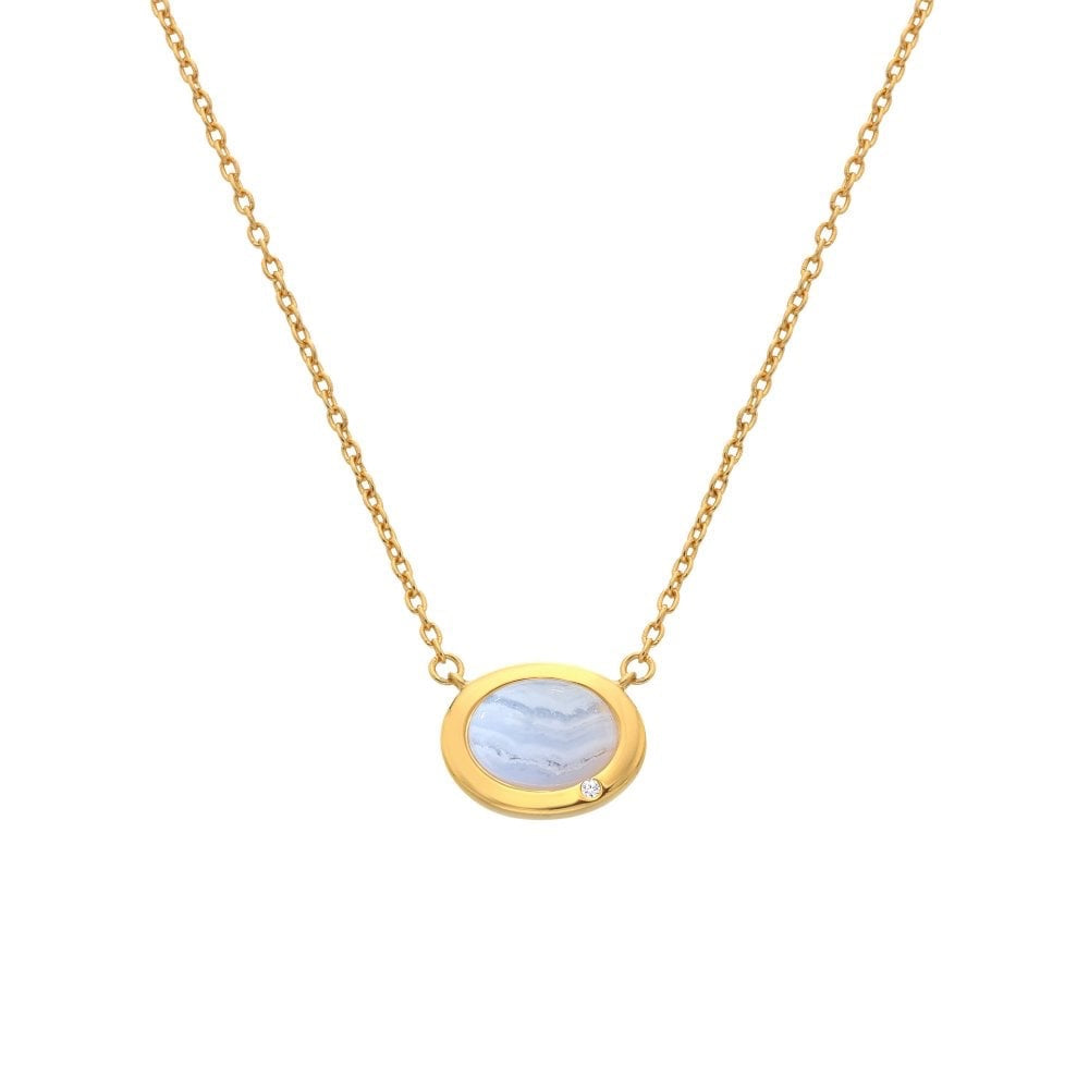 Oval shaped necklace real blue agate and diamond pendant