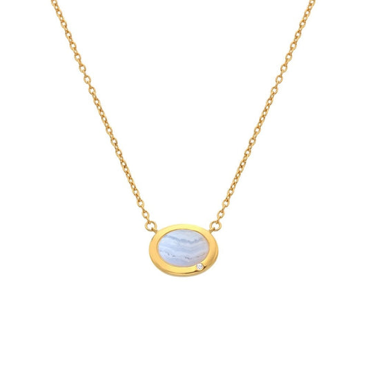 Oval shaped necklace real blue agate and diamond pendant