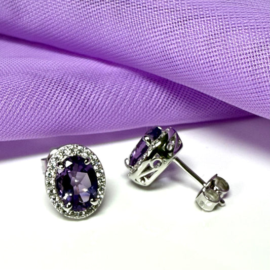 Oval shaped purple real amethyst and cubic zirconia sterling silver cluster stud earrings