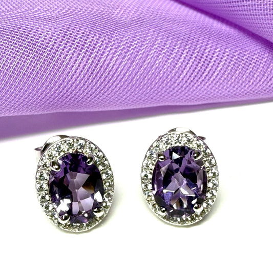 Oval shaped purple real amethyst and cubic zirconia sterling silver cluster stud earrings
