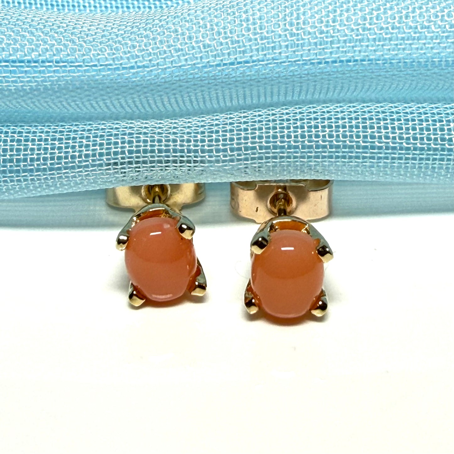 Oval shaped real coral stud earrings yellow gold four claw set