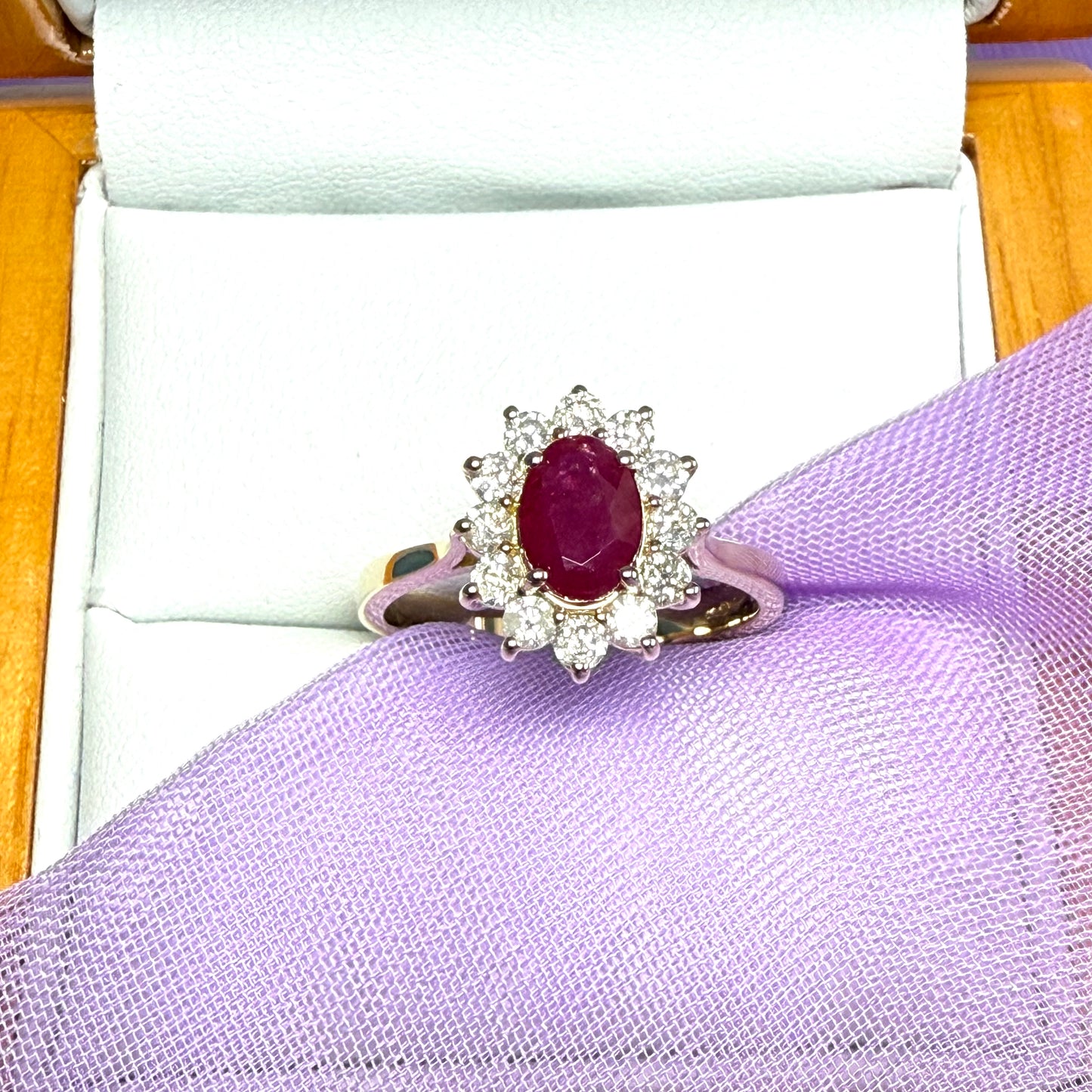 Oval red real ruby and diamond yellow gold cluster ring