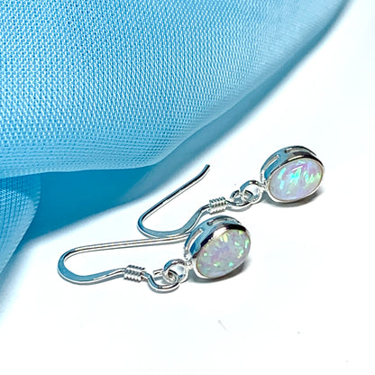 Oval sterling silver opal oval long drop earrings