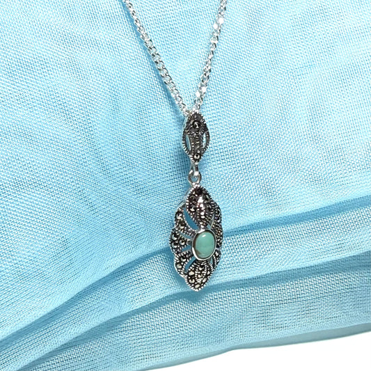 Oval turquoise and marcasite drop sterling silver necklace pendant