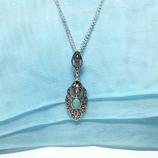 Oval turquoise and marcasite drop sterling silver necklace pendant