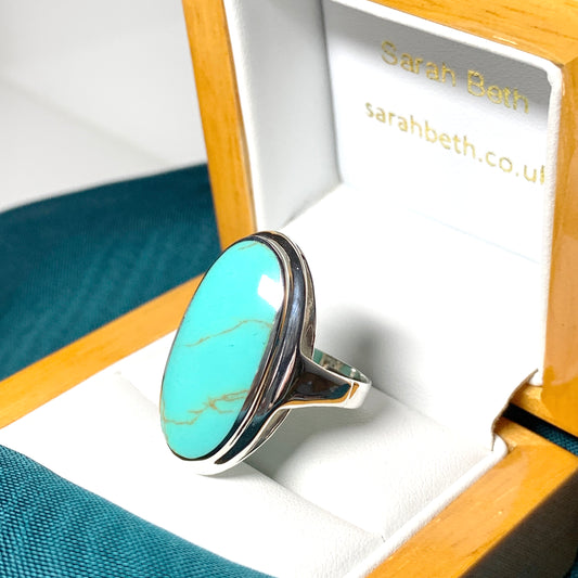 Oval blue large turquoise sterling silver oval ring