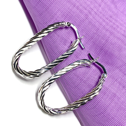 Oval patterned hoop earrings sterling silver