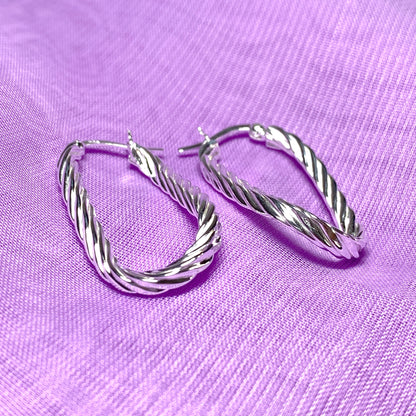 Oval patterned hoop earrings sterling silver