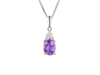 Oval real amethyst and cubic zirconia sterling silver necklace pendant