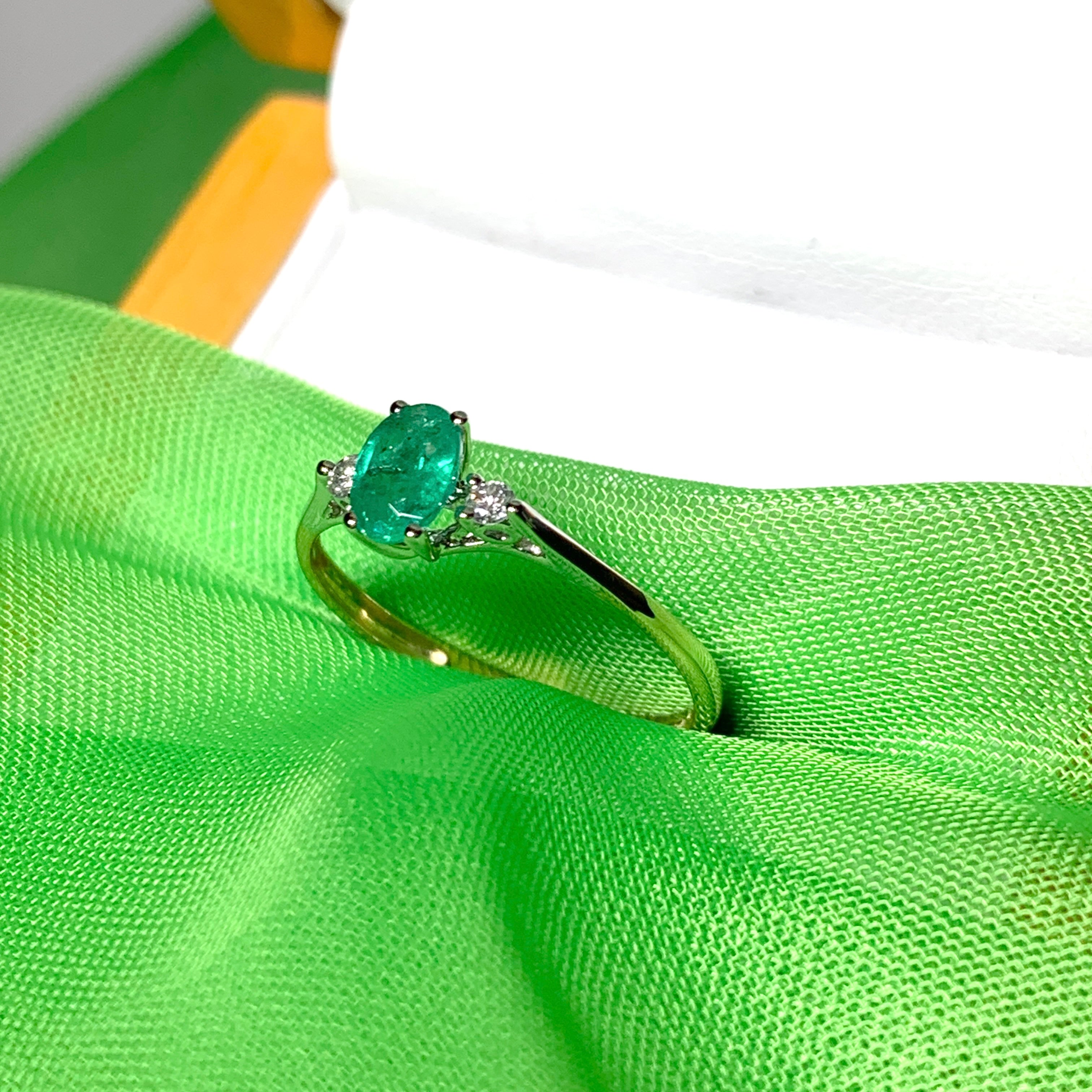 Oval real green emerald and diamond yellow gold trilogy dress ring K 15 Days