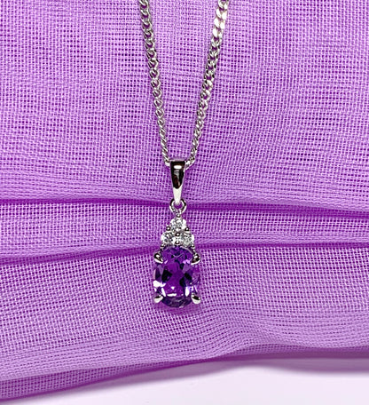 Oval real purple amethyst and cubic zirconia sterling silver necklace pendant