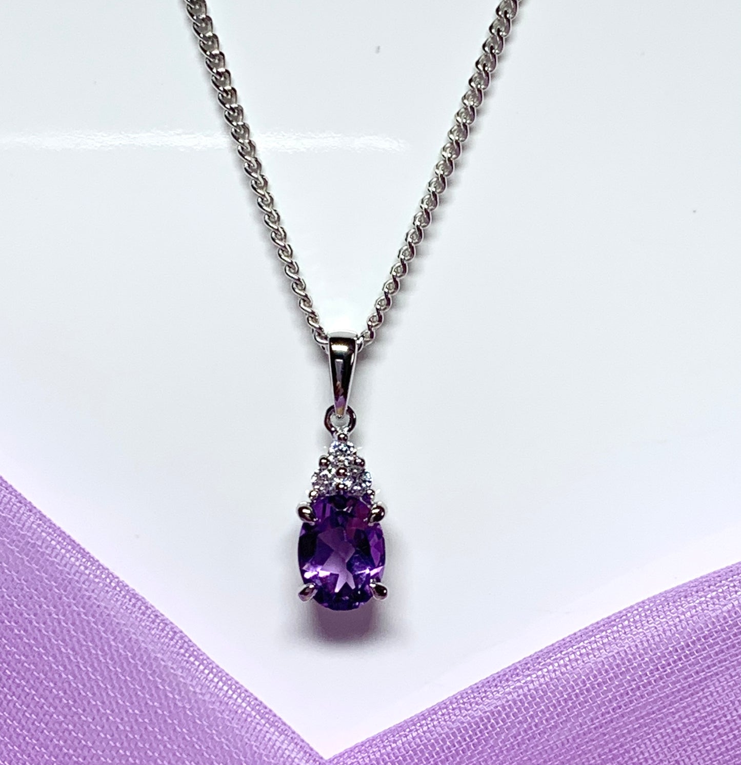 Oval real purple amethyst and cubic zirconia sterling silver necklace pendant