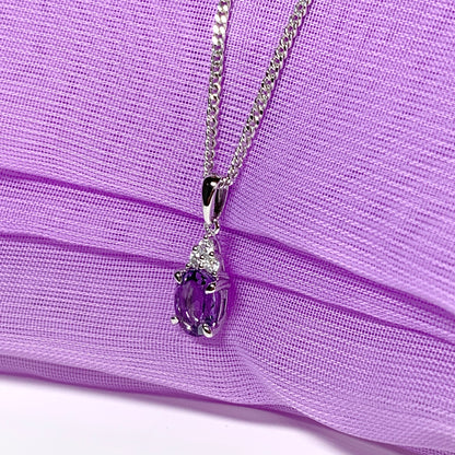 Oval real purple amethyst and cubic zirconia sterling silver necklace pendant